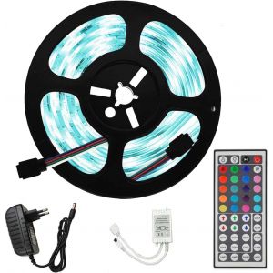 5m Ruban De Rgb Led, 16 Couleurs Au Choix, Kit Complet Avec T&eacute;l&eacute;commande 44 Boutons Et Alimentation 12v, 5050 150 Led, &Eacute;tanche Ip65 Pour L'&eacute;clairage De La D&eacute;coration - Neuf