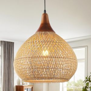 Ulteronixshop-Rotin Et Bois Suspension Luminaire,Noyer Luminaires Int&eacute;rieur E27 Boho Cuisine Lampe Tiss&eacute; &Agrave; La Main Vintage Decoration Lustre Salon Pour Chambre Salon - Neuf