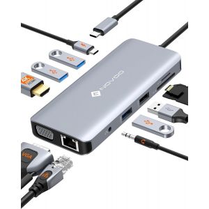 Hub USB C 11-en-1 Docking Station vers HDMI 4K, VGA, PD 100W, USB 3.0/2.0, SD/TF, Ethernet RJ45, Audio, Stations d'accueil USB C pour MacBook HP Dell - Neuf