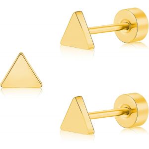 Kal-Boucles D'oreilles Pour Femme, Boucles D'oreilles En Titane En Forme De Triangle 5 Mm, Fermeture Arri&egrave;re Plate Hypoallerg&eacute;nique, Convient Aussi Bien Aux Hommes Qu'aux Femmes, Argent/Or - Neuf