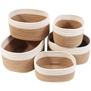 Eryi-Panier Rangement,Lot De 5 Panier De Rangement Tressés En Coton,Corbeille Rangement Pour Salle De Bain,Cuisine,Organisateur Table A Langer Bebe,Décoration Boite De Rangement Pour Bébé,Enfant - Neuf