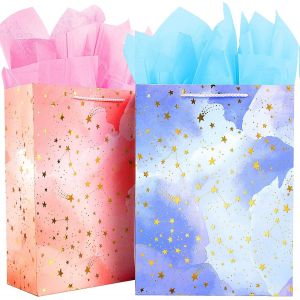 Sac Cadeau Moyen Format avec Poignées-Sacs Cadeaux Anniversaire avec Papier de Soie-Emballage Cadeau-Pochette Cadeau-Rose et Bleu Sac Cadeau Papier pour Femmes Hommes Enfants Garçons Filles pour fête - Neuf