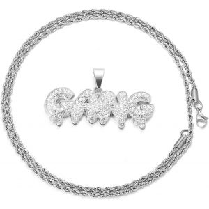 Trahoo-Chaîne En Or Avec Lettre Bulle Gang Iced Out,Collier Diamant Pour Homme Finition Or Blanc Platine Avec Chaîne De Corde 60cm Coffret Cadeau Gratuit - Neuf