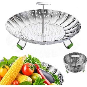 Panier &agrave; steamer pour l&eacute;gumes-Panier &agrave; vapeur pliable en acier inoxydable-Avec poign&eacute;e centrale extensible-Extensible pour s'adapter &agrave; diff&eacute;rentes tailles de pot (13,5 &agrave; 22,7 cm) - Neuf