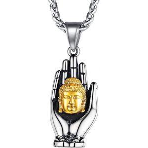 Collier Bouddhiste Pendentif Tête De Bouddha Protection Aum Om Ohm Sanskrit Yoga Bijoux Porte Bonheur Pour Femme Homme - Neuf