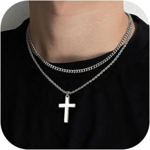 Trahoo-Collier Croix Chretienne Homme Acier Inoxydable Chaine Homme Argent Collier Chaine Avec Pendentif Croix Bijoux Cadeaux Pour Homme Femme 41-61cm - Neuf