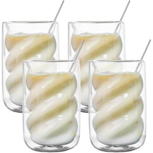 Mevronisshop-Lot De 4 Verres À Double Paroi Pour Latte Macchiato - 350 Ml - Avec 4 Cuillères - En Forme De Spirale - Pour Cappuccino, Latte, Thé, Thé Glacé, Américain Glacé Et Lait - Neuf