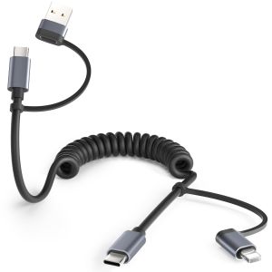LORANKA-pour iPhone 17 16 Pro Max 4 en 1 C&acirc;ble USB C Spirale Voiture 1M,Cable Multi USB Chargement Universel Apple Carplay Type C avec USB A/Lightning Ports pour iPhone 15 14 13 12 11 Xs Plus,iPad - Neuf