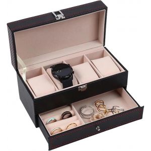 Kal-Boîte À Montres À 2 Niveaux, Ecrins Pour Montres, Coffret À Montres, Boîte De Rangement Pour Montres, Boîte À Bijoux Rangement Pour Montres, Boite Rangement Montre, Pour Hommes Et Femmes, Noir - Neuf
