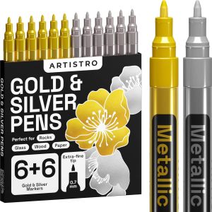 12 Feutres Acryliques Métalliques Pour Roche,Pierre,Céramique,Verre,Bois,Tissu,Toile,Métal,Scrapbooking,Lot De 6 Marqueurs Or Et 6 Argent À Base D'eau À Pointe Extra-Fine De 0,7 Mm - Neuf