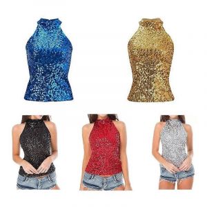 Sequin Halter Tops Pour Femmes Sans Manches Glitter Tops Pull On Summer Shirt - Neuf