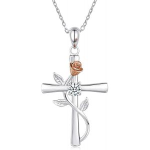 Kal-Rose Croix Pendentif Collier Cristal Fleur Feuille Crucifix Collier Religieux Chrétien Croix Bijoux Pour Femmes Filles Adolescents (Blanc) - Neuf