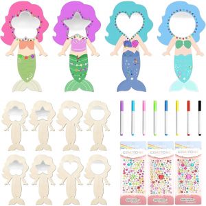 KALANKA-Lot de 12 miroirs sirène en bois à peindre pour enfants - Kit de bricolage pour filles - Cadeau de fête - Neuf