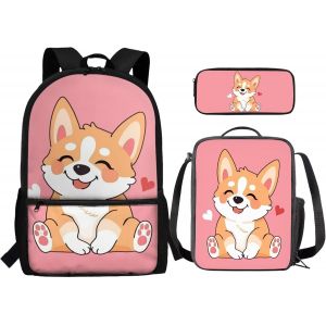 CHECARZHN--NO1-Ensemble Sac À Dos Et Sac À Déjeuner 3 En 1 Pour Enfant, Corgi Pink, Moderne - Neuf