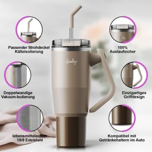 gourde isotherme 40 oz - coupe Accessoires - mug isotherme - 1,2 l - gourde Accessoires - paille en verre - gourde paille - gourde avec paille (beige/marron) - Neuf