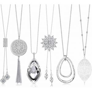 Kales-6pcs Longs Colliers À Pendentifs Pour Femmes Longs Colliers De Chandail Collier De Chaîne Chandail Avec Pompons En Argent Feuilles En Forme De Cercle Set De Colliers En Y Bijoux De Mode - Neuf
