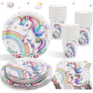 MEVRONISSHOP-Decoration Anniversaire Licorne pour 25 Invit&eacute;s, 100 Pi&egrave;ces Kit Vaisselle r&eacute;utilisable Fille, Assiettes Gobelets Serviettes Licorne pour Deco Anniversaire Fille - Neuf