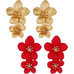 Kalanka-Boucles D'oreilles Femme 2 Paires Or, Petals Et Fleurs, Pompons, Gouttes Exag&eacute;r&eacute;es - Neuf