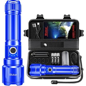 Eryi-Lampe Torche Led Ultra Puissante, Lampe De Poche Rechargeable, Torche Tactique, 5000mah Batterie, Ipx6 Étanche, 5 Modes & Zoomable Pour Camping/Urgence(Avec 3 Piles Aaa),Bleu - Neuf