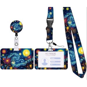 KALANKA-Porte-Badge Personnalisé,Tour de Cou Badge avec Porte-Cartes,Porte Badge Enrouleur,Strap Neck avec Swivel Lobster Clasp pour Porte Badges d'Identification (D-Cartoon Ciel étoilé) - Neuf