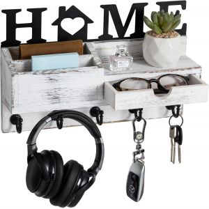 Porte-cl&eacute;s en acier noir-Armoire &agrave; cl&eacute;s en ch&ecirc;ne-Organisateur mural-Porte-cl&eacute;s en bois-Porte-cl&eacute;s-Organiseur de cl&eacute;s avec &eacute;tag&egrave;re (blanc antique) - Neuf