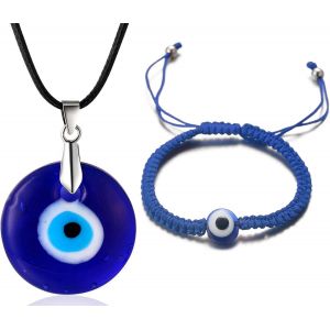 Kal-Mauvais ?il Collier Bracelet Ensemble Pour Homme Femme,R&eacute;sine Saphir Pendentif Oeil Bleu Corde De Cire Tresse Perles Corde Bleues Fait Main Protection Mal De Ojo Bijoux Avec Coffret Cadeau - Neuf