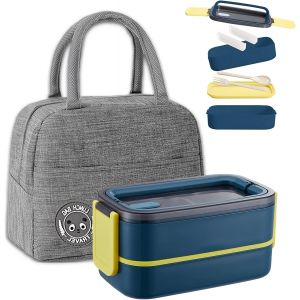 Bento Lunch Box Kit,1400 Ml Double Couche Herm&eacute;tique Boite Repas Avec Couverts Et Sac Isotherme, Pour Pique-Nique, Travail, Go&ucirc;ter, Bento Box Pour Micro Ondes(Bleu - Neuf