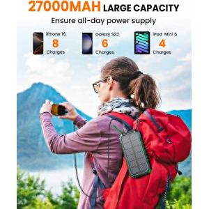 Chargeur Solaire Power Bank 27000mah - 22,5w Charge Rapide Batterie Externe Sans Fil Avec 2 C&acirc;bles Int&eacute;gr&eacute;s,Usb C Pd Qc 3.0 Sortie Chargeur Portable Pour T&eacute;l&eacute;phone Tablette (Vert) - Neuf