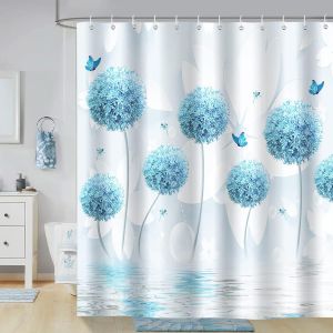 Rideau de Douche Pissenlit Bleu Fleur Papillon 180 x 180 cm Rideau Douche Anti Moisissure Imperméable Lavables Rideau de Salle de Bain avec 12 Anneaux Crochets - Neuf