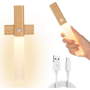 Applique Murale En Bois Avec D&eacute;tecteur De Mouvement,Veilleuse Rechargeable Murale Int&eacute;rieur,Lampe Murale Sans Fil,Magn&eacute;tique Lampe De Chevet Murale Blanc Chaud Pour Escalier Chambre Couloir.[V18] - Neuf