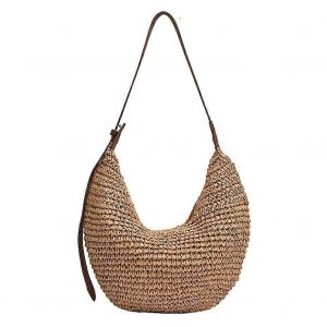 Sac bandouliere en paille, sac hobo de plage tisse avec bandouliere ajustable, sac croissant en paille - Neuf