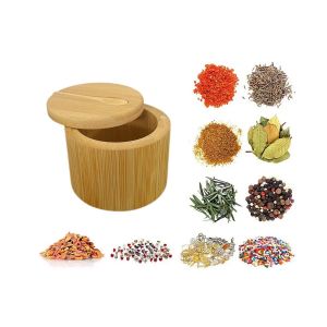 Pot &Agrave; Sel En Bambou Avec Couvercle Magn&eacute;tique Et Cuill&egrave;re Pour Sel, Poivre, Sucre Ou &Eacute;pices - Compartiment Unique - Neuf