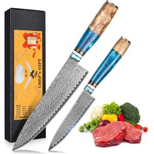 Couteau De Chef Damas, Couteaux Japonais Professionnelle En Acier Damas 67 Couches, Lame De 20cm Ergonomique R&eacute;sine Bleue Handle Avec Bo&icirc;te Cadeau - Neuf