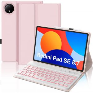 Coque Clavier Pour Redmi Pad Se 8.7"" 2024, Azerty Clavier R&eacute;tro&eacute;clair&eacute; Bluetooth Magn&eacute;tique D&eacute;tachable Pour Xiaomi Redmi Pad Se 8.7"" 2024, Rose - Neuf