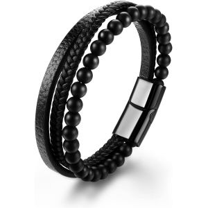 Eryi-Bracelet Homme, Bracelet En Cuir Véritable Pour Hommes, Bracelet Viking Arbre De Vie, Bracelet En Pierre Naturelle Tressée, Avec Fermoir, Noir/Brun (1pcs) - Neuf