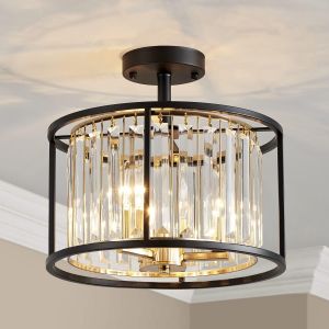 Luminaire De Plafonnier En Cristal Moderne,Lustre Dor&eacute; Et Noir Avec Abat-Jour En Cristal,Compatible Avec 3 Ampoules,Luminaire Pour Salon,Chambre &Agrave; Coucher,Cuisine Et Int&eacute;rieur - Neuf