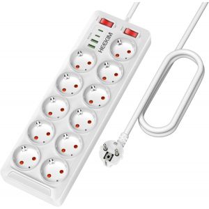 Multiprise &eacute;lectrique USB C, multiprise 11 Prises avec 2 interrupteurs ind&eacute;pendants Multiprise &eacute;lectrique avec 2 USB-A et 2 USB-C, Noir (Blanc, 2M) - Neuf