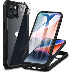 TRAHOO-Coque iPhone 14/iPhone 13, avec Protection écran Verre Trempé et Protecteur Caméra, 360° Antichoc Housse Double Face Téléphone Etui Transparent Case Intégrale Coque pour iPhone 14/13 -Noir - Neuf