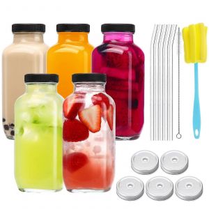 16 Oz Verre Des Bouteilles De Jus Avec Des Couvercles Et Pailles, Jeu De 5, Réutilisable Sans Bpa Emballages De Boissons De Jus De Fruits Et Smoothies - Neuf
