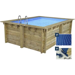 Piscine bois rectangle " Zanzibar "- 3.50 x 2.30 x 1.24 m - B&acirc;che &agrave; bulles 180 &micro; - B&acirc;che hiver 280 g/m&sup2; - Neuf