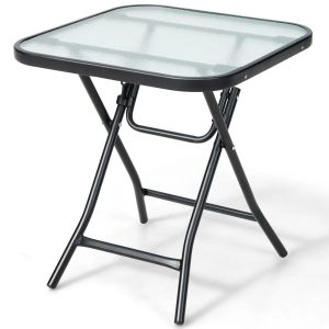 Table De Jardin Pliante 46,5 X 46,5 X 42 Cm Pour Int&eacute;rieur Ext&eacute;rieur Stable Et Pratique Style &Eacute;pur&eacute; En Verre Noir Helloshop26 20_0019301 - Neuf