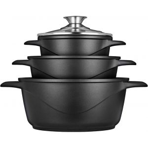 Subzonal-Smile Mgk18 - Batterie De Cuisine &Agrave; Induction 6 Pi&egrave;ces En Fonte D'aluminium, 3 Casseroles, Couvercles En Verre Tremp&eacute;, Rev&ecirc;tement Antiadh&eacute;sif, Convient Pour Tous Types De Cuisini&egrave;res, Sans P - Neuf