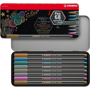 Feutre Métallisé Pen 68 Metallic- Boîte Métal 8 Feutres Dessin Métallisés Pointe Moyenne- Coloris Assortis (Avec Attache) - Neuf