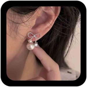 Kal-Boucles D'oreilles Bohème Avec Noeud Papillon Argenté Boucles D'oreilles Pendantes Perles Rondes Boucles D'oreilles Minimaliste Boucles D'oreilles Noeud Papillon Cz Bijoux Pour Femmes - Neuf