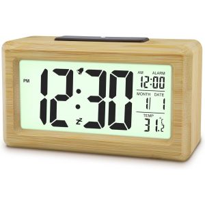 R&eacute;veil Matin Num&eacute;rique en Bois avec Grand &Eacute;cran, Capteur de Lumi&egrave;re Automatique, Affichage de la Date et Temp&eacute;rature, R&eacute;veil Digital &agrave; Piles (Bambou) - Neuf