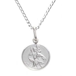 Petit Pendentif R&eacute;versible De St Christophe En Argent Massif Pour Enfants Avec Cha&icirc;ne De 40cm & Ecrin - 12mm - Neuf