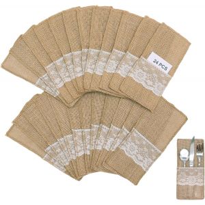 Lot De 24 Sacs &Agrave; Couverts En Toile De Jute Avec Dentelle,Porte-Ustensiles En Toile De Jute En Dentelle,Vintage Decoration Table Pour Mariage Anniversaire F&ecirc;te No&euml;l (11 X 21 Cm) - Neuf