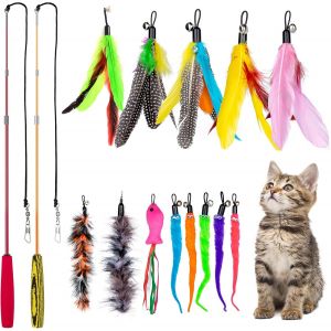 Subzonal-15 Pièces Jouets Pour Chat, Jouets Interactifs Pour Chat Avec Plumes, Baguette Rétractable Pour Chat Avec Teaser De Remplacement, Baguette Interactive Arc-En-Ciel Pour Chat - Neuf