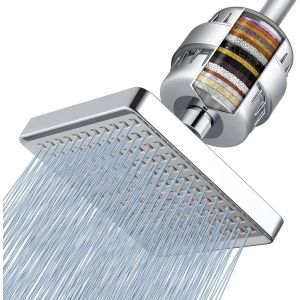 Filtre de Douche &agrave; Haut Rendement Avec 2 Cartouches Rempla&ccedil;ables, Filtre de Douche &agrave; Eau Dure en 20 &Eacute;tapes pour &Eacute;liminer le Chlore et Les M&eacute;taux Lourds, Adoucissement de l'eau, Carr&eacute; - Neuf