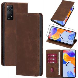 Kal-Coque Cuir Pour Xiaomi 11t/Xiaomi 11t Pro 5g 6.67"" Avec 1 Verre Trempé Etui À Rabat En Pu Porte-Cartes Portefeuille Support Flip Housse Magnétique Antichoc Anti-Rayures Case,Marron - Neuf